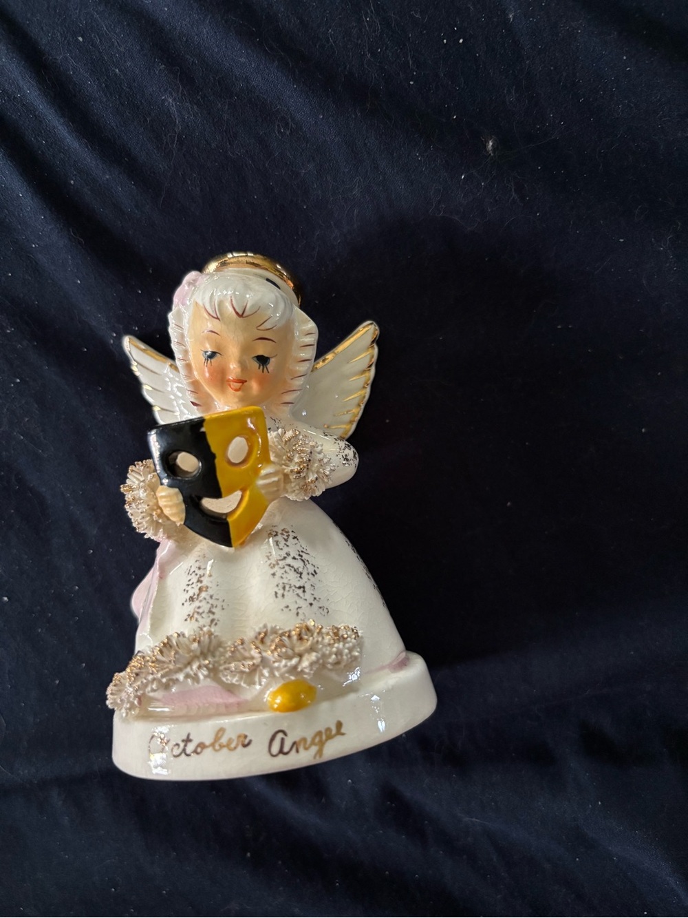Vintage 1950s Napco October Angel Holding Mask Gold Tip Spaghetti Trim S410